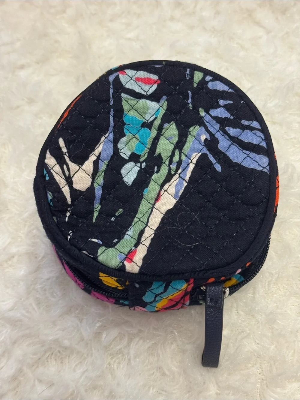 Vera Bradley Quilted Round Coin Case in Black, Pink & Teal Floral Print